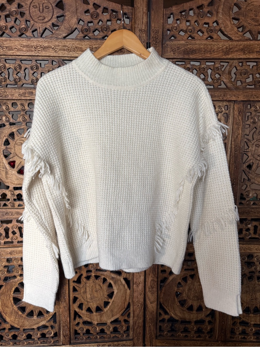 MICHAEL Michael Kors XL Ivory Waffle Knit Fringe Mock Neck Sweater SZ XL